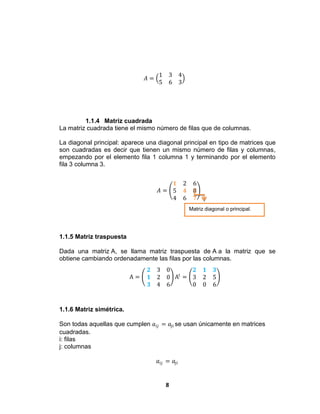 8
𝐴 =
1 3 4
5 6 3
1.1.4 Matriz cuadrada
La matriz cuadrada tiene el mismo número de filas que de columnas.
La diagonal principal: aparece una diagonal principal en tipo de matrices que
son cuadradas es decir que tienen un mismo número de filas y columnas,
empezando por el elemento fila 1 columna 1 y terminando por el elemento
fila 3 columna 3.
𝐴 =
𝟏 2 6
5 𝟒 8
4 6 𝟕
1.1.5 Matriz traspuesta
Dada una matriz A, se llama matriz traspuesta de A a la matriz que se
obtiene cambiando ordenadamente las filas por las columnas.
A =
𝟐 3 0
𝟏 2 0
𝟑 4 6
At
=
𝟐 𝟏 𝟑
3 2 5
0 0 6
1.1.6 Matriz simétrica.
Son todas aquellas que cumplen 𝑎𝑖𝑗 = 𝑎𝑗𝑖 se usan únicamente en matrices
cuadradas.
i: filas
j: columnas
𝑎𝑖𝑗 = 𝑎𝑗𝑖
Matriz diagonal o principal.
 