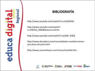 BIBLIOGRAFÍA

http://www.youtube.com/watch?v=u-kx5JAthKc

http://www.youtube.com/watch?
v=zY0CEZJ_HRM&feature=relmfu

http://www.youtube.com/watch?v=a2sD6--N3E8

http://www.decudeco.com/manualidades-navidad-corona-
con-pinas-de-pino.html

http://www.secomohacer.com/manu/navidad.htm
 