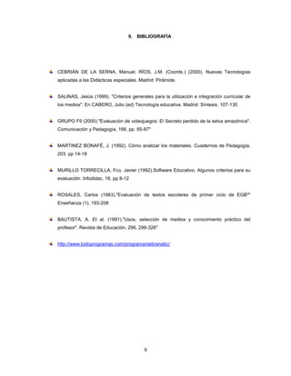 9. BIBLIOGRAFÍA




CEBRIÁN DE LA SERNA, Manuel; RÍOS, J.M. (Coords.) (2000). Nuevas Tecnologías
aplicadas a las Didácticas especiales. Madrid: Pirámide.


SALINAS, Jesús (1999). "Criterios generales para la utilización e integración curricular de
los medios". En CABERO, Julio (ed) Tecnología educativa. Madrid: Síntesis. 107-130


GRUPO F9 (2000)."Evaluación de videojuegos: El Secreto perdido de la selva amazónica".
Comunicación y Pedagogía, 166, pp. 85-87"


MARTINEZ BONAFÉ, J. (1992). Cómo analizar los materiales. Cuadernos de Pedagogía,
203. pp 14-18


MURILLO TORRECILLA, Fco. Javier (1992).Software Educativo. Algunos criterios para su
evaluación. Infodidac, 18, pp 8-12


ROSALES, Carlos (1983)."Evaluación de textos escolares de primer ciclo de EGB""
Enseñanza (1), 193-208


BAUTISTA, A. Et al. (1991)."Usos, selección de medios y conocimiento práctico del
profesor". Revista de Educación, 296, 299-326"


http://www.todoprogramas.com/programa/sebranabc/




                                         9
 