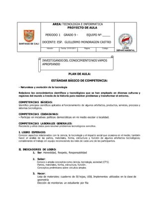 SANTIAGO DE CALI
AREA: TECNOLOGIA E INFORMATICA
PROYECTO DE AULA
PERIODO 1 GRADO 9 - EQUIPO Nº _____
DOCENTE: ESP. GUILLER...