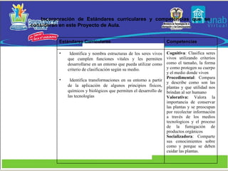 Incorporación de Estándares curriculares y competencias que se consideran en este Proyecto de Aula. Estándares Curriculares   Competencias   Identifica y nombra estructuras de los seres vivos que cumplen funciones vitales y les permiten desarrollarse en un entorno que pueda utilizar como criterio de clasificación según su medio. Identifica transformaciones en su entorno a partir de la aplicación de algunos principios físicos, químicos y biológicos que permiten el desarrollo de las tecnologías Cognitiva : Clasifica seres vivos utilizando criterios como el tamaño, la forma y como protegen su cuerpo y el medio donde viven Procedimental : Compara y describe como son las plantas y que utilidad nos brindan al ser humano Valorativa:  Valora la importancia de conservar las plantas y se preocupan por recolectar información a través de los medios tecnologicos y el proceso de la fumigación de productos orgánicos Socializadora : Comparte sus conocimientos sobre como y porque se deben cuidar las plantas. 