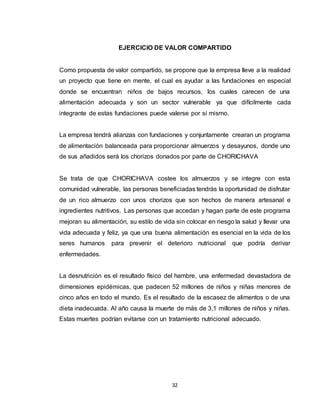 32
EJERCICIO DE VALOR COMPARTIDO
Como propuesta de valor compartido, se propone que la empresa lleve a la realidad
un proyecto que tiene en mente, el cual es ayudar a las fundaciones en especial
donde se encuentran niños de bajos recursos, los cuales carecen de una
alimentación adecuada y son un sector vulnerable ya que difícilmente cada
integrante de estas fundaciones puede valerse por sí mismo.
La empresa tendrá alianzas con fundaciones y conjuntamente crearan un programa
de alimentación balanceada para proporcionar almuerzos y desayunos, donde uno
de sus añadidos será los chorizos donados por parte de CHORICHAVA
Se trata de que CHORICHAVA costee los almuerzos y se integre con esta
comunidad vulnerable, las personas beneficiadas tendrás la oportunidad de disfrutar
de un rico almuerzo con unos chorizos que son hechos de manera artesanal e
ingredientes nutritivos. Las personas que accedan y hagan parte de este programa
mejoran su alimentación, su estilo de vida sin colocar en riesgo la salud y llevar una
vida adecuada y feliz, ya que una buena alimentación es esencial en la vida de los
seres humanos para prevenir el deterioro nutricional que podría derivar
enfermedades.
La desnutrición es el resultado físico del hambre, una enfermedad devastadora de
dimensiones epidémicas, que padecen 52 millones de niños y niñas menores de
cinco años en todo el mundo. Es el resultado de la escasez de alimentos o de una
dieta inadecuada. Al año causa la muerte de más de 3,1 millones de niños y niñas.
Estas muertes podrían evitarse con un tratamiento nutricional adecuado.
 