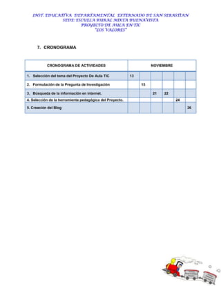 INST. EDUCATIVA DEPARTAMENTAL EXTERNADO DE SAN SEBASTIAN
               SEDE: ESCUELA RURAL MIXTA BUENAVISTA
                       PROYECTO DE AULA EN TIC
                            “LOS VALORES”



     7. CRONOGRAMA



           CRONOGRAMA DE ACTIVIDADES                                NOVIEMBRE

1. Selección del tema del Proyecto De Aula TIC            13

2. Formulación de la Pregunta de Investigación                 15

3. Búsqueda de la información en internet.                          21   22
4. Selección de la herramienta pedagógica del Proyecto.                         24

5. Creación del Blog                                                                 26
 