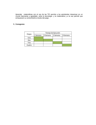 Aprender matemáticas con el uso de las TIC permite a los estudiantes interactuar en un
  mundo fascinante y agradable entre la tecnología y la matemática y a la vez permitir que
  enriquezcan su conocimiento a través del juego.


5. Cronograma



                                         Tiempo de Ejecución
                Etapas
                          1 Semana     2 Semana 3 Semana       4 Semana
                 Uno
                 Dos
                 Tres
                Cuatro
 