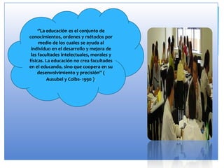 ‘’La educación es el conjunto de
conocimientos, ordenes y métodos por
medio de los cuales se ayuda al
individuo en el desarrollo y mejora de
las facultades intelectuales, morales y
físicas. La educación no crea facultades
en el educando, sino que coopera en su
desenvolvimiento y precisión’’ (
Ausubel y Colbs- 1990 ).
 