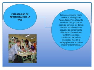 ESTRATEGIAS DE
APRENDIZAJE DE LA
WEB
Este conocimiento nos lo
ofrece la Sicología del
Aprendizaje. Pero el asunto
no es tan fácil, ya que en
sicología como en las demás
ciencias sociales existen
escuelas de pensamiento
diferentes. Pero existen
también escuelas o
corrientes que se han
interesado más en la
pedagogía o sea, en cómo
mediar el aprendizaje.
 