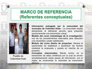 • Información entregada por la comunidad del
municipio de Colombia Huila: La comunidad resalta
diariamente el deficiente servicio para presentar
oportunamente una transmisión virtual.
• Modelo del curso metodología de la investigación:
nos da los procedimientos esenciales para descubrir
una necesidad y poder satisfacerla.
• Modulo del curso diseño de proyectos: Genera la
oportunidad de establecer y esclarecer los hechos
mediante la propuesta y puesta en marcha de un
proyecto.
• Conceptos relacionados: Banda ancha, es la
transmisión de datos simétricos por la cual se envían
simultáneamente varias piezas de información, con el
objeto de incrementar la velocidad de transmisión
efectiva.
Pueblo de
Colombia-Huila
 