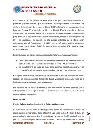 UNIVERSIDAD TECNICA DE MACHALA
AREA DE LA SALUD
BIOQUIMICA Y FARMACIA
SERRANO MICHELLE BIOLOGIA LISETH RUIZ
Página20
En Europa el uso de plantas de esta especie en productos alimentarios estuvo
prohibido preventivamente, por encontrarse toxicológicamente inaceptable. No
obstante la Asociación Europea de la Stevia (EUSTAS), lucha por su reconocimiento
legal en Europa. El 4 de julio de 2011 el Comité Permanente de la Cadena
Alimentaria y de Sanidad Animal de la Comisión Europea emitió su voto favorable
para autorizar el uso de la estevia como aromatizante, Desde el 2 de diciembre de
2011 los glucósidos de esteviol de alta pureza extraídos de la stevia están
autorizados por el Reglamento 1131/2011 de la UE como aditivo alimentario
edulcorante con el número E-960. Su ingesta diaria admisible (IDA) es de 4 mg/kg
de masa corporal.
Su consumo en los países en donde está autorizado tiene muchas vertientes:
Como edulcorante, en forma de glucósido de esteviol, en presentaciones de
polvo, líquido y en pequeños comprimidos, o como aditivo alimentario.
En la veterinaria se usan las hojas para alimentar animales de granja y de
competición a fin de mejorar su desarrollo y cría, así como a las mascotas
En Japón, sus extractos concentrados se aplican en la cría de animales de vivero
(peces), en cultivos agrícolas (frutas más dulces y grandes), siendo una rama de la
horticultura muy prestigiada y con altos precios
Los residuos de la planta fermentados son aplicados en terrenos estériles por la
sobreexplotación con agroquímicos, o contaminados con dioxinas, siendo estos
recuperados en pocos años
DULCAMARA
Familia:SolaneceaeNombre científico: Solanum Dulcamara
La dulcamara es una planta herbáceaperenne capaz de alcanzar los 4 metros de
altura, aunque la mayoría no llega a los 2 m. Las hojas son de 4-12 cm de largo en
punta de flecha y lobuladas. Las flores están en racimos de 3 a 20 y están formadas
por cinco pétalos púrpura y estambres amarillos. La fruta es una baya roja ovoide,
 