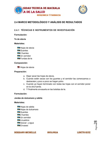 UNIVERSIDAD TECNICA DE MACHALA
AREA DE LA SALUD
BIOQUIMICA Y FARMACIA
SERRANO MICHELLE BIOLOGIA LISETH RUIZ
Página28
2.4 MARCO METODOLÓGICO Y ANÁLISIS DE RESULTADOS
2.4.1 TÉCNICAS E INSTRUMENTOS DE INVESTIGACIÓN
Formulación:
Te de stevia
Materiales:
Hojas de stevia
Guantes
2 fuentes
Un cernidor
Fundas de te
Composición:
Hojas de stevia
Preparación:
a. Dejar secar las hojas de stevia.
b. Cuando estén secas con los guantes y el cernidor las comenzamos a
desbaratar y poco a poco se hagan polvo
c. Cuando ya hayan terminado con todas las hojas con el cernidor poner
en la otra fuente.
d. Y finalmente envasarla en las bolsitas de te.
Formulación:
Jarabe de dulcamara y sábila
Materiales:
Hojas de sábila
Hojas de dulcamara
Guantes
2 fuentes
Un cernidor
Licuadora
Azúcar y agua
Envases
 