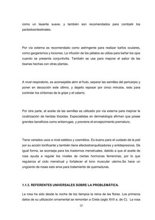 como un laxante suave, y también son recomendados para combatir los
parásitosintestinales.

Por vía externa es recomendado como astringente para realizar baños oculares,
como gargarismos y lociones. La infusión de los pétalos se utiliza para bañar los ojos
cuando se presenta conjuntivitis. También se usa para mejorar el sabor de las
tisanas hechas con otras plantas.

A nivel respiratorio, es aconsejable abrir el fruto, separar las semillas del pericarpio y
poner en decocción este último, y dejarlo reposar por cinco minutos, esto para
controlar los síntomas de la gripe y el catarro.

Por otra parte, el aceite de las semillas es utilizado por vía externa para mejorar la
cicatrización de heridas tórpidas. Especialistas en dermatología afirman que posee
grandes beneficios como antiarrugas, y previene el envejecimiento prematuro.

Tiene variados usos a nivel estético y cosmético. Es bueno para el cuidado de la piel
por su acción tonificante y también tiene efectostranquilizadores y antidepresivos. De
igual forma, se aconseja para los trastornos menstruales, debido a que el aceite de
rosa ayuda a regular los niveles de ciertas hormonas femeninas, por lo que
regulariza el ciclo menstrual y fortalecer el tono muscular uterino.Se hace un
ungüento de rosas esto sirve para tratamiento de quemaduras.

1.1.3. REFERENTES UNIVERSALES SOBRE LA PROBLEMÁTICA.
La rosa ha sido desde la noche de los tiempos la reina de las flores. Los primeros
datos de su utilización ornamental se remontan a Creta (siglo XVII a. de C). La rosa
12

 