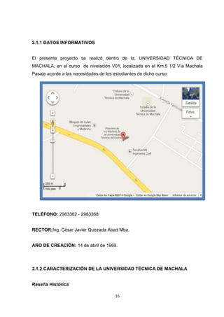 2.1.1 DATOS INFORMATIVOS

El presente proyecto se realizó dentro de la, UNIVERSIDAD TÉCNICA DE
MACHALA, en el curso de nivelación V01, localizada en el Km.5 1/2 Vía Machala
Pasaje acorde a las necesidades de los estudiantes de dicho curso.

TELÉFONO: 2983362 - 2983368

RECTOR:Ing. César Javier Quezada Abad Mba.

AÑO DE CREACIÓN: 14 de abril de 1969.

2.1.2 CARACTERIZACIÓN DE LA UNIVERSIDAD TÉCNICA DE MACHALA

Reseña Histórica
16

 