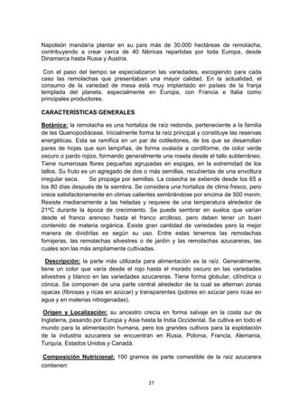 Napoleón mandaría plantar en su país más de 30.000 hectáreas de remolacha,
contribuyendo a crear cerca de 40 fábricas repartidas por toda Europa, desde
Dinamarca hasta Rusia y Austria.
Con el paso del tiempo se especializaron las variedades, escogiendo para cada
caso las remolachas que presentaban una mayor calidad. En la actualidad, el
consumo de la variedad de mesa está muy implantado en países de la franja
templada del planeta, especialmente en Europa, con Francia e Italia como
principales productores.
CARACTERÍSTICAS GENERALES
Botánica: la remolacha es una hortaliza de raíz redonda, perteneciente a la familia
de las Quenopodiáceas. Inicialmente forma la raíz principal y constituye las reservas
energéticas. Esta se ramifica en un par de cotiledones, de los que se desarrollan
pares de hojas que son lampiñas, de forma ovalada a cordiforme, de color verde
oscuro o pardo rojizo, formando generalmente una roseta desde el tallo subterráneo.
Tiene numerosas flores pequeñas agrupadas en espigas, en la extremidad de los
tallos. Su fruto es un agregado de dos o más semillas, recubiertas de una envoltura
irregular seca.
Se propaga por semillas. La cosecha se extiende desde los 65 a
los 80 días después de la siembra. Se considera una hortaliza de clima fresco, pero
crece satisfactoriamente en climas calientes sembrándose por encima de 500 msnm.
Resiste medianamente a las heladas y requiere de una temperatura alrededor de
21ºC durante la época de crecimiento. Se puede sembrar en suelos que varían
desde el franco arenoso hasta el franco arcilloso, pero deben tener un buen
contenido de materia orgánica. Existe gran cantidad de variedades pero la mejor
manera de dividirlas es según su uso. Entre estas tenemos las remolachas
forrajeras, las remolachas silvestres o de jardín y las remolachas azucareras, las
cuales son las más ampliamente cultivadas.
Descripción: la parte más utilizada para alimentación es la raíz. Generalmente,
tiene un color que varía desde el rojo hasta el morado oscuro en las variedades
silvestres y blanco en las variedades azucareras. Tiene forma globular, cilíndrica o
cónica. Se componen de una parte central alrededor de la cual se alternan zonas
opacas (fibrosas y ricas en azúcar) y transparentes (pobres en azúcar pero ricas en
agua y en materias nitrogenadas).
Origen y Localización: su ancestro crecía en forma salvaje en la costa sur de
Inglaterra, pasando por Europa y Asia hasta la India Occidental. Se cultiva en todo el
mundo para la alimentación humana, pero los grandes cultivos para la explotación
de la industria azucarera se encuentran en Rusia, Polonia, Francia, Alemania,
Turquía, Estados Unidos y Canadá.
Composición Nutricional: 100 gramos de parte comestible de la raíz azucarera
contienen:
27

 