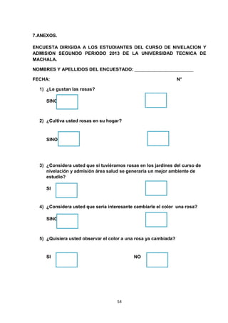 7.ANEXOS.
ENCUESTA DIRIGIDA A LOS ESTUDIANTES DEL CURSO DE NIVELACION Y
ADMISION SEGUNDO PERIODO 2013 DE LA UNIVERSIDAD TECNICA DE
MACHALA.
NOMBRES Y APELLIDOS DEL ENCUESTADO: _________________________
FECHA:

N°

1) ¿Le gustan las rosas?
SINO

2) ¿Cultiva usted rosas en su hogar?

SINO

3) ¿Considera usted que si tuviéramos rosas en los jardines del curso de
nivelación y admisión área salud se generaría un mejor ambiente de
estudio?
SI

NO

4) ¿Considera usted que sería interesante cambiarle el color una rosa?
SINO

5) ¿Quisiera usted observar el color a una rosa ya cambiada?

SI

NO

54

 
