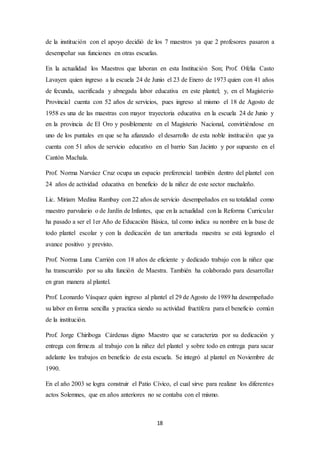 de la institución con el apoyo decidió de los 7 maestros ya que 2 profesores pasaron a 
desempeñar sus funciones en otras escuelas. 
En la actualidad los Maestros que laboran en esta Institución Son; Prof. Ofelia Casto 
Lavayen quien ingreso a la escuela 24 de Junio el 23 de Enero de 1973 quien con 41 años 
de fecunda, sacrificada y abnegada labor educativa en este plantel; y, en el Magisterio 
Provincial cuenta con 52 años de servicios, pues ingreso al mismo el 18 de Agosto de 
1958 es una de las maestras con mayor trayectoria educativa en la escuela 24 de Junio y 
en la provincia de El Oro y posiblemente en el Magisterio Nacional, convirtiéndose en 
uno de los puntales en que se ha afianzado el desarrollo de esta noble institución que ya 
cuenta con 51 años de servicio educativo en el barrio San Jacinto y por supuesto en el 
Cantón Machala. 
Prof. Norma Narváez Cruz ocupa un espacio preferencial también dentro del plantel con 
24 años de actividad educativa en beneficio de la niñez de este sector machaleño. 
Lic. Miriam Medina Rambay con 22 años de servicio desempeñados en su totalidad como 
maestro parvulario o de Jardín de Infantes, que en la actualidad con la Reforma Curricular 
ha pasado a ser el 1er Año de Educación Básica, tal como indica su nombre en la base de 
todo plantel escolar y con la dedicación de tan ameritada maestra se está logrando el 
avance positivo y previsto. 
Prof. Norma Luna Carrión con 18 años de eficiente y dedicado trabajo con la niñez que 
ha transcurrido por su alta función de Maestra. También ha colaborado para desarrollar 
en gran manera al plantel. 
Prof. Leonardo Vásquez quien ingreso al plantel el 29 de Agosto de 1989 ha desempeñado 
su labor en forma sencilla y practica siendo su actividad fructífera para el beneficio común 
de la institución. 
Prof. Jorge Chiriboga Cárdenas digno Maestro que se caracteriza por su dedicación y 
entrega con firmeza al trabajo con la niñez del plantel y sobre todo en entrega para sacar 
adelante los trabajos en beneficio de esta escuela. Se integró al plantel en Noviembre de 
1990. 
En el año 2003 se logra construir el Patio Cívico, el cual sirve para realizar los diferentes 
actos Solemnes, que en años anteriores no se contaba con el mismo. 
18 
 