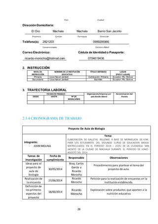 País Ciudad 
28 
Dirección Domiciliaria: 
El Oro Machala Machala Barrio San Jacinto 
Provincia Cantón Parroquia Dirección 
Teléfono(s): 2921203 0999295966 
Convencionales Celular o Móvil 
Correo Electrónico: Cédula de Identidad o Pasaporte: 
ricardo-morocho@hotmail.com 0704619436 
2. INSTRUCCIÒN 
NIVEL DE 
INSTRUCCIÒN 
NOMBRE DE LE INSTITUCIÒN 
EDUCATIVA 
TÌTULO OBTEBIDO LUGAR 
(PAÌS Y LUGAR) 
Primaria Liceo Naval Jambelí Culminación Primaria Ecuador- Pto. Bolívar 
Secundaria Liceo Naval Jambelí Bachiller Ecuador- Pto. Bolívar 
3. TRAYECTORIA LABORAL 
FECHAS DE TRABAJO Organización/Empresa y el 
país donde laboró 
Denominación del 
DESDE HASTA Nº DE Puesto 
MESES/AÑOS 
2.3.4 CRONOGRAMA DE TRABAJO 
Proyecto De Aula de Biología 
Integrante: 
- JOHN MOLINA 
Tema: 
ELABORACIÓN DE GALLETAS RELLENAS A BASE DE MERMELADA DE KIWI, 
PARA LOS ESTUDIANTES DEL SEGUNDO CURSO DE EDUCACION BASICA 
MATRICULADOS EN EL PERIODO 2014 – 2015, DE LA CIUDADELA SAN 
JACINTO DE LA CIUDAD DE MACHALA DURANTE EL PERIODO DE JUNIO-AGOSTO 
DEL 2014 
Tareas de 
Investigación 
Fecha de 
cumplimiento 
Responsable Observaciones 
Ideas para el 
proyecto de 
aula de 
biología 
30/05/2014 
Bioq. Carlos 
García y 
Ricardo 
Morocho 
Procedimiento para plantear el tema del 
proyecto de aula. 
Realización de 
la encuesta 
17/06/2014 
Ricardo 
Morocho 
Petición para la realización de encuestas en la 
institución establecida. 
Definición de 
los primeros 
aspectos del 
proyecto 
18/06/2014 
Ricardo 
Morocho 
Exploración sobre productos que aporten a la 
nutrición educativa 
 