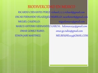 BIODIVERCIDAD EN MEXICO
RICARDO CERVANTES PEREZ: richard.7.7.7.richard@gmail.com
OSCAR FERNANDO VELAZQUEZ MURILLO: oscarkoner8@gmail.com
MIGUEL CAUDILLO: miguelcena10@gmail.com
MARCO ANTONIO HERNANDEZ GARCIA: hdzmarco3c@gmail.com
OMAR GOMEZ RUBIO; omar.go.rubio@gmail.com
EDSON JAIR MARTINEZ: MELBOUNE023@GMAIL.COM
 