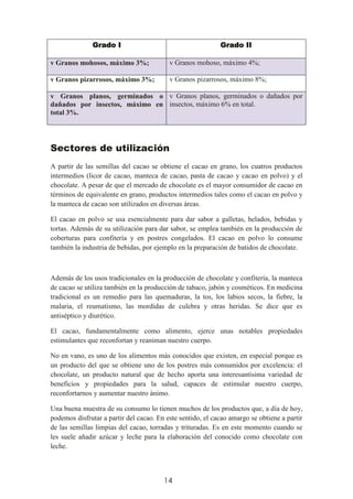 14
Sectores de utilización
A partir de las semillas del cacao se obtiene el cacao en grano, los cuatros productos
intermedios (licor de cacao, manteca de cacao, pasta de cacao y cacao en polvo) y el
chocolate. A pesar de que el mercado de chocolate es el mayor consumidor de cacao en
términos de equivalente en grano, productos intermedios tales como el cacao en polvo y
la manteca de cacao son utilizados en diversas áreas.
El cacao en polvo se usa esencialmente para dar sabor a galletas, helados, bebidas y
tortas. Además de su utilización para dar sabor, se emplea también en la producción de
coberturas para confitería y en postres congelados. El cacao en polvo lo consume
también la industria de bebidas, por ejemplo en la preparación de batidos de chocolate.
Además de los usos tradicionales en la producción de chocolate y confitería, la manteca
de cacao se utiliza también en la producción de tabaco, jabón y cosméticos. En medicina
tradicional es un remedio para las quemaduras, la tos, los labios secos, la fiebre, la
malaria, el reumatismo, las mordidas de culebra y otras heridas. Se dice que es
antiséptico y diurético.
El cacao, fundamentalmente como alimento, ejerce unas notables propiedades
estimulantes que reconfortan y reaniman nuestro cuerpo.
No en vano, es uno de los alimentos más conocidos que existen, en especial porque es
un producto del que se obtiene uno de los postres más consumidos por excelencia: el
chocolate, un producto natural que de hecho aporta una interesantísima variedad de
beneficios y propiedades para la salud, capaces de estimular nuestro cuerpo,
reconfortarnos y aumentar nuestro ánimo.
Una buena muestra de su consumo lo tienen muchos de los productos que, a día de hoy,
podemos disfrutar a partir del cacao. En este sentido, el cacao amargo se obtiene a partir
de las semillas limpias del cacao, torradas y trituradas. Es en este momento cuando se
les suele añadir azúcar y leche para la elaboración del conocido como chocolate con
leche.
Grado I Grado II
v Granos mohosos, máximo 3%; v Granos mohoso, máximo 4%;
v Granos pizarrosos, máximo 3%; v Granos pizarrosos, máximo 8%;
v Granos planos, germinados o
dañados por insectos, máximo en
total 3%.
v Granos planos, germinados o dañados por
insectos, máximo 6% en total.
 