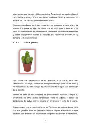 absorbentes, por ejemplo, vidrio o cerámica. Para derretir se puede utilizar el
baño de María o fuego directo en mínimo, usando un difusor y controlando no
superar los 110° para no quemar la materia prima.
Si deseamos colorear, los únicos colorantes que no opacan el material son las
anilinas a la grasa en polvo, la misma que se utiliza para la fabricación de
velas. La aromatización se puede realizar únicamente con esencias esenciales
y deben incorporarse cuando el producto está totalmente disuelto, de lo
contrario se forman manchas.
5.1.1.2

Cactus (plantas)

Una planta que secularmente se ha adaptado a un medio seco. Han
desaparecido sus hojas, convertidas en espinas la mayor parte de las veces y
ha transformado su tallo en lugar de almacenamiento de agua y de asimilación
de la clorofila.
Estimar la edad de las cactáceas es prácticamente imposible. Porque su
crecimiento no forma anillos concéntricos como los árboles y porque las
condiciones de cultivo influyen mucho en el tamaño y porte de la planta.

Podemos decir que el conocimiento de las Cactáceas es reciente, lo que hace
que sus géneros estén en constante revisión, siguen apareciendo nuevas
especies y es difícil que los botánicos se pongan de acuerdo en la clasificación.

32

 