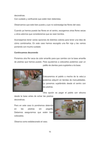 decorativas.
Con cuidado y verificando que estén bien detenidas.
Observamos que este bien puesto y que no sobresalga las flores del vaso.
Cuando ya hemos puesto las flores en el centro, escogemos otras flores secas
u otros adornos que consideremos que se vean bonitos.
Aconsejamos tener varias opciones de distintos colores para tener una idea de
cómo combinarlos. En este caso hemos escogido una flor roja y las vamos
poniendo con mucho cuidado
Continuamos decorando
Ponemos otra flor seca de color amarillo para que cambie con la base amarilla
de piedras que hemos puesto. Para ayudarnos a colocarlos podemos usar un
palillo de dientes para sujetarlos a la base.

Colocaremos el pabilo o mecha de la vela.Lo
podemos adquirir en tiendas de manualidades.
Lo ponemos sujetándolo desde el centro con
las piedras.
Otra opción es pegar el pabilo con silicona
desde la base antes de echar las piedras
decorativas.
Pero en este caso lo pondremos detenido
en

las

piedras

sin

pegarlo.

Debemos asegurarnos que estén bien
colocados.
Observa como estádecorado el vaso.

51

 