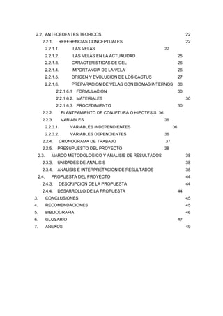 2.2. ANTECEDENTES TEORICOS
2.2.1.

22

REFERENCIAS CONCEPTUALES

22

2.2.1.1.

LAS VELAS

2.2.1.2.

LAS VELAS EN LA ACTUALIDAD

25

2.2.1.3.

CARACTERISTICAS DE GEL

26

2.2.1.4.

IMPORTANCIA DE LA VELA

26

2.2.1.5.

ORIGEN Y EVOLUCION DE LOS CACTUS

27

2.2.1.6.

PREPARACION DE VELAS CON BIOMAS INTERNOS

30

2.2.1.6.1

22

FORMULACION

30

2.2.1.6.2. MATERIALES

30

2.2.1.6.3. PROCEDIMIENTO
2.2.2.

PLANTEAMIENTO DE CONJETURA O HIPOTESIS 36

2.2.3.

VARIABLES

30

36

2.2.3.1.

VARIABLES INDEPENDIENTES

2.2.3.2.

VARIABLES DEPENDIENTES

36
36

2.2.4.

CRONOGRAMA DE TRABAJO

37

2.2.5.

PRESUPUESTO DEL PROYECTO

38

2.3.

MARCO METODOLOGICO Y ANALISIS DE RESULTADOS

38

2.3.3.

UNIDADES DE ANALISIS

38

2.3.4.

ANALISIS E INTERPRETACION DE RESULTADOS

38

2.4.

PROPUESTA DEL PROYECTO

44

2.4.3.

DESCRIPCION DE LA PROPUESTA

2.4.4.

DESARROLLO DE LA PROPUESTA

44
44

3.

CONCLUSIONES

45

4.

RECOMENDACIONES

45

5.

BIBLIOGRAFIA

46

6.

GLOSARIO

7.

ANEXOS

47
49

9

 
