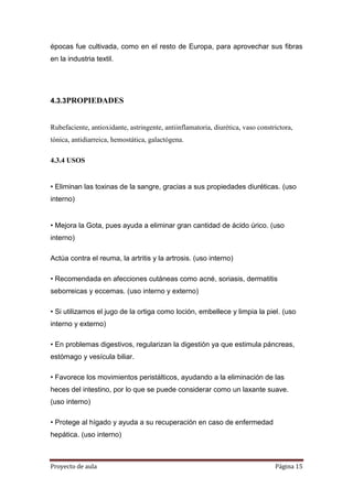 Proyecto de aula Página 15
épocas fue cultivada, como en el resto de Europa, para aprovechar sus fibras
en la industria textil.
4.3.3PROPIEDADES
Rubefaciente, antioxidante, astringente, antiinflamatoria, diurética, vaso constrictora,
tónica, antidiarreica, hemostática, galactógena.
4.3.4 USOS
• Eliminan las toxinas de la sangre, gracias a sus propiedades diuréticas. (uso
interno)
• Mejora la Gota, pues ayuda a eliminar gran cantidad de ácido úrico. (uso
interno)
Actúa contra el reuma, la artritis y la artrosis. (uso interno)
• Recomendada en afecciones cutáneas como acné, soriasis, dermatitis
seborreicas y eccemas. (uso interno y externo)
• Si utilizamos el jugo de la ortiga como loción, embellece y limpia la piel. (uso
interno y externo)
• En problemas digestivos, regularizan la digestión ya que estimula páncreas,
estómago y vesícula biliar.
• Favorece los movimientos peristálticos, ayudando a la eliminación de las
heces del intestino, por lo que se puede considerar como un laxante suave.
(uso interno)
• Protege al hígado y ayuda a su recuperación en caso de enfermedad
hepática. (uso interno)
 