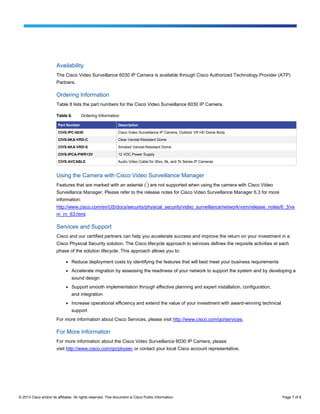 © 2013 Cisco and/or its affiliates. All rights reserved. This document is Cisco Public Information. Page 7 of 8
Availability
The Cisco Video Surveillance 6030 IP Camera is available through Cisco Authorized Technology Provider (ATP)
Partners.
Ordering Information
Table 8 lists the part numbers for the Cisco Video Surveillance 6030 IP Camera.
Table 8. Ordering Information
Part Number Description
CIVS-IPC-6030 Cisco Video Surveillance IP Camera, Outdoor VR HD Dome Body
CIVS-6KA-VRD-C Clear Vandal-Resistant Dome
CIVS-6KA-VRD-S Smoked Vandal-Resistant Dome
CIVS-IPCA-PWR12V 12 VDC Power Supply
CIVS-AVCABLE Audio Video Cable for 35xx, 6k, and 7k Series IP Cameras
Using the Camera with Cisco Video Surveillance Manager
Features that are marked with an asterisk (
*
) are not supported when using the camera with Cisco Video
Surveillance Manager. Please refer to the release notes for Cisco Video Surveillance Manager 6.3 for more
information:
http://www.cisco.com/en/US/docs/security/physical_security/video_surveillance/network/vsm/release_notes/6_3/vs
m_rn_63.html.
Services and Support
Cisco and our certified partners can help you accelerate success and improve the return on your investment in a
Cisco Physical Security solution. The Cisco lifecycle approach to services defines the requisite activities at each
phase of the solution lifecycle. This approach allows you to:
● Reduce deployment costs by identifying the features that will best meet your business requirements
● Accelerate migration by assessing the readiness of your network to support the system and by developing a
sound design
● Support smooth implementation through effective planning and expert installation, configuration,
and integration
● Increase operational efficiency and extend the value of your investment with award-winning technical
support
For more information about Cisco Services, please visit http://www.cisco.com/go/services.
For More Information
For more information about the Cisco Video Surveillance 6030 IP Camera, please
visit http://www.cisco.com/go/physec or contact your local Cisco account representative.
 