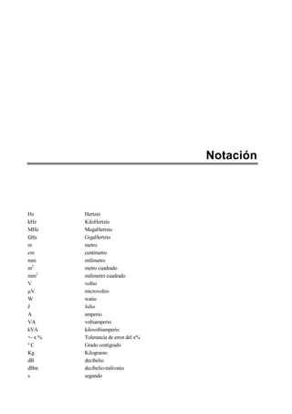 Notación
Hz Hertzio
kHz KiloHertzio
MHz MegaHertzio
GHz GigaHertzio
m metro
cm centímetro
mm milímetro
m2
metro cuadrado
mm2
milímetro cuadrado
V voltio
µV microvoltio
W watio
J Julio
A amperio
VA voltiamperio
kVA kilovoltiamperio
+- x % Tolerancia de error del x%
º C Grado centígrado
Kg Kilogramo
dB decibelio
dBm decibelio-milivatio
s segundo
 
