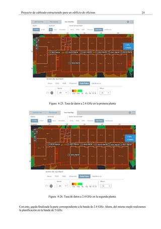 25
Proyecto de cableado estructurado para un edificio de oficinas
Figura 4-25. Tasa de datos a 2.4 GHz en la primera planta
Figura 4-26. Tasa de datos a 2.4 GHz en la segunda planta.
Con esto, queda finalizada la parte correspondiente a la banda de 2.4 GHz. Ahora, del mismo modo realizamos
la planificación en la banda de 5 GHz.
 