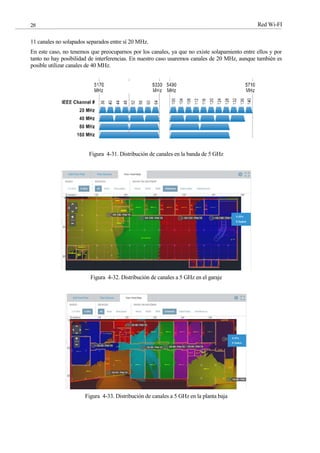 Red Wi-FI
28
11 canales no solapados separados entre sí 20 MHz.
En este caso, no tenemos que preocuparnos por los canales, ya que no existe solapamiento entre ellos y por
tanto no hay posibilidad de interferencias. En nuestro caso usaremos canales de 20 MHz, aunque también es
posible utilizar canales de 40 MHz.
Figura 4-31. Distribución de canales en la banda de 5 GHz
Figura 4-32. Distribución de canales a 5 GHz en el garaje
Figura 4-33. Distribución de canales a 5 GHz en la planta baja
 