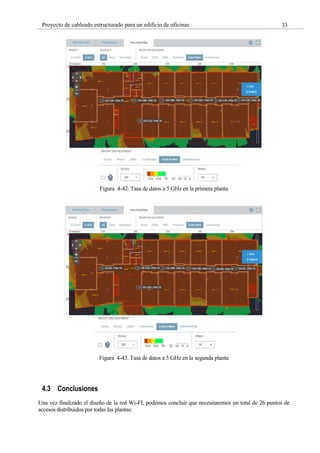 33
Proyecto de cableado estructurado para un edificio de oficinas
Figura 4-42. Tasa de datos a 5 GHz en la primera planta
Figura 4-43. Tasa de datos a 5 GHz en la segunda planta
4.3 Conclusiones
Una vez finalizado el diseño de la red Wi-FI, podemos concluir que necesitaremos un total de 26 puntos de
accesos distribuidos por todas las plantas:
 