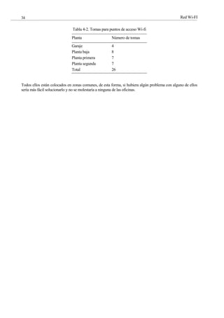 Red Wi-FI
34
Tabla 4-2. Tomas para puntos de acceso Wi-fi
Planta Número de tomas
Garaje 4
Planta baja 8
Planta primera 7
Planta segunda 7
Total 26
Todos ellos están colocados en zonas comunes, de esta forma, si hubiera algún problema con alguno de ellos
sería más fácil solucionarlo y no se molestaría a ninguna de las oficinas.
 