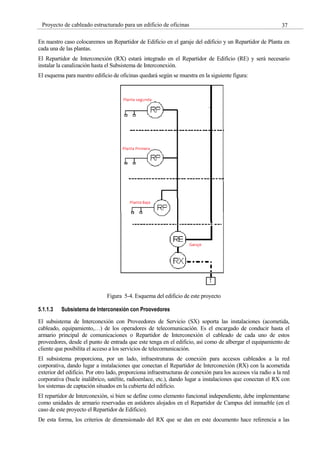 37
Proyecto de cableado estructurado para un edificio de oficinas
En nuestro caso colocaremos un Repartidor de Edificio en el garaje del edificio y un Repartidor de Planta en
cada una de las plantas.
El Repartidor de Interconexión (RX) estará integrado en el Repartidor de Edificio (RE) y será necesario
instalar la canalización hasta el Subsistema de Interconexión.
El esquema para nuestro edificio de oficinas quedará según se muestra en la siguiente figura:
Figura 5-4. Esquema del edificio de este proyecto
5.1.1.3 Subsistema de Interconexión con Proovedores
El subsistema de Interconexión con Proveedores de Servicio (SX) soporta las instalaciones (acometida,
cableado, equipamiento,…) de los operadores de telecomunicación. Es el encargado de conducir hasta el
armario principal de comunicaciones o Repartidor de Interconexión el cableado de cada uno de estos
proveedores, desde el punto de entrada que este tenga en el edificio, así como de albergar el equipamiento de
cliente que posibilita el acceso a los servicios de telecomunicación.
El subsistema proporciona, por un lado, infraestruturas de conexión para accesos cableados a la red
corporativa, dando lugar a instalaciones que conectan el Repartidor de Interconexión (RX) con la acometida
exterior del edificio. Por otro lado, proporciona infraestructuras de conexión para los accesos vía radio a la red
corporativa (bucle inalábrico, satélite, radioenlace, etc.), dando lugar a instalaciones que conectan el RX con
los sistemas de captación situados en la cubierta del edificio.
El repartidor de Interconexión, si bien se define como elemento funcional independiente, debe implementarse
como unidades de armario reservadas en astidores alojados en el Repartidor de Campus del inmueble (en el
caso de este proyecto el Repartidor de Edificio).
De esta forma, los criterios de dimensionado del RX que se dan en este documento hace referencia a las
 