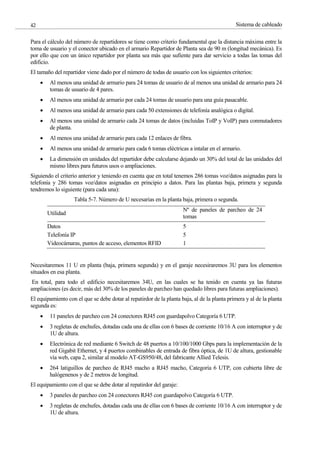 Sistema de cableado
42
Para el cálculo del número de repartidores se tiene como criterio fundamental que la distancia máxima entre la
toma de usuario y el conector ubicado en el armario Repartidor de Planta sea de 90 m (longitud mecánica). Es
por ello que con un único repartidor por planta sea más que sufiente para dar servicio a todas las tomas del
edificio.
El tamaño del repartidor viene dado por el número de todas de usuario con los siguientes criterios:
Al menos una unidad de armario para 24 tomas de usuario de al menos una unidad de armario para 24
tomas de usuario de 4 pares.
Al menos una unidad de armario por cada 24 tomas de usuario para una guía pasacable.
Al menos una unidad de armario para cada 50 extensiones de telefonía analógica o digital.
Al menos una unidad de armario cada 24 tomas de datos (incluidas ToIP y VoIP) para conmutadores
de planta.
Al menos una unidad de armario para cada 12 enlaces de fibra.
Al menos una unidad de armario para cada 6 tomas eléctricas a intalar en el armario.
La dimensión en unidades del repartidor debe calcularse dejando un 30% del total de las unidades del
mismo libres para futuros usos o ampliaciones.
Siguiendo el criterio anterior y teniendo en cuenta que en total tenemos 286 tomas voz/datos asignadas para la
telefonía y 286 tomas voz/datos asignadas en principio a datos. Para las plantas baja, primera y segunda
tendremos lo siguiente (para cada una):
Tabla 5-7. Número de U necesarias en la planta baja, primera o segunda.
Utilidad
Nº de paneles de parcheo de 24
tomas
Datos 5
Telefonía IP 5
Videocámaras, puntos de acceso, elementos RFID 1
Necesitaremos 11 U en planta (baja, primera segunda) y en el garaje necesiraremos 3U para los elementos
situados en esa planta.
En total, para todo el edificio necesitaremos 34U, en las cuales se ha tenido en cuenta ya las futuras
ampliaciones (es decir, más del 30% de los paneles de parcheo han quedado libres para futuras ampliaciones).
El equipamiento con el que se debe dotar al repatirdor de la planta baja, al de la planta primera y al de la planta
segunda es:
11 paneles de parcheo con 24 conectores RJ45 con guardapolvo Categoría 6 UTP.
3 regletas de enchufes, dotadas cada una de ellas con 6 bases de corriente 10/16 A con interruptor y de
1U de altura.
Electrónica de red mediante 6 Switch de 48 puertos a 10/100/1000 Gbps para la implementación de la
red Gigabit Ethernet, y 4 puertos combinables de entrada de fibra óptica, de 1U de altura, gestionable
vía web, capa 2, similar al modelo AT-GS950/48, del fabricante Allied Telesis.
264 latiguillos de parcheo de RJ45 macho a RJ45 macho, Categoría 6 UTP, con cubierta libre de
halógenenos y de 2 metros de longitud.
El equipamiento con el que se debe dotar al repatirdor del garaje:
3 paneles de parcheo con 24 conectores RJ45 con guardapolvo Categoría 6 UTP.
3 regletas de enchufes, dotadas cada una de ellas con 6 bases de corriente 10/16 A con interruptor y de
1U de altura.
 