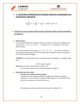 10
 2.- ECUACIONES DIFERENCIALES DE SEGUNDO ORDEN NO HOMOGÉNEAS CON
COEFICIENTES CONSTANTES.
𝑎2
𝑑2 𝑦
𝑑𝑥2
+ 𝑎1
𝑑𝑦
𝑑𝑥
+ 𝑎0 𝑦 = 𝑓(𝑥); 𝑓( 𝑥) ≠ 0
 Solución de una ecuación diferencial de segundo orden usando operadores
anuladores:
1. DEFINICION:
Las ecuaciones diferenciales de segundo orden con coeficientes constantes no homogéneas son
de la forma 𝑎𝑦´´ + 𝑏𝑦´ + 𝑐𝑦 = 𝐺( 𝑥)… …. .(1) donde a, b y c son constantes y 𝐺( 𝑥) es una
función continua.
La ecuación homogénea corresponde a 𝑎𝑦´´ + 𝑏𝑦´ + 𝑐𝑦 = 0… …. .(2) , recibe el nombre se
ecuación diferencial homogénea (EDH) asociada y juega un importante papel en la resolución
de la ecuación deferencialoriginal.
TEOREMA. La solución general de la ecuación diferencial no homogénea (1) se puede escribir
como:
𝒚( 𝒙) = 𝒚 𝒑( 𝒙)+ 𝒚 𝒈( 𝒙)
Donde: 𝒚 𝒑 Es la solución particular de la ecuación (1) y
𝑦𝑔 Es la solución general de la ecuación homogénea asociada (2)
2. METODOS DE SOLUCION:
 Método de los coeficientes indeterminados
La primera de las dos formas que debemos considerar para obtener una solución
particular 𝑦𝑝 , tiene el método de coeficientes indeterminados. En este método, la idea
básica en una conjetura a cerca de la forma de 𝑦𝑝 .
Esta conjetura es motivada por dos tipos de funciones de entrada 𝐺( 𝑥).
 