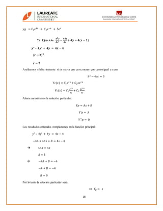 18
𝑦𝑔 = 𝐶1 𝑒4𝑥 + 𝐶2 𝑒−𝑥 + 5𝑒 𝑥
7) Ejercicio.
𝒅 𝟐 𝒚
𝒅𝒙 𝟐
−
𝟒𝒅𝒚
𝒅𝒙
+ 𝟒𝒚 = 𝟒(𝒙 − 𝟏)
𝒚” – 𝟒𝒚’ + 𝟒𝒚 = 𝟒𝒙 − 𝟒
(𝒓 − 𝟐) 𝟐
𝒓 = 𝟐
Analizamos el discriminante si es mayor que cero,menor que cero o igual a cero.
𝑏2 − 4𝑎𝑐 = 0
𝑌𝑐(𝑥) = 𝐶1 𝑒 𝑟𝑥 + 𝐶2 𝑥𝑒 𝑟𝑥
𝑌𝑐(𝑥) = 𝐶1
𝑒 𝑟𝑥
𝑦1
+ 𝐶2
𝑥𝑒 𝑟𝑥
𝑦2
Ahora encontramos la solución particular:
𝑌𝑝 = 𝐴𝑥 + 𝐵
𝑌´𝑝 = 𝐴
𝑌´´𝑝 = 0
Los resultados obtenidos remplazamos en la función principal:
𝑦” – 4𝑦’ + 4𝑦 = 4𝑥 − 4
−4𝐴 + 4𝐴𝑥 + 𝐵 = 4𝑥 − 4
 4𝐴𝑥 = 4𝑥
𝐴 = 1
 −4𝐴 + 𝐵 = −4
−4 + 𝐵 = −4
𝐵 = 0
Por lo tanto la solución particular será:
⟹ 𝑌𝑝 = 𝑥
 