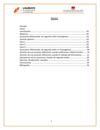2
ÍNDICE
Portada
Índice
Introducción………………………………………………………………………………………………….. 03
Objetivos…………………………………………………………………………………………………....... 04
Ecuaciones diferenciales de segundo orden homogéneas……………………………... 05
Solución general………………………………………………………………………………………..….. 05
Caso 1……………………………………………………………………………………………………………. 05
Caso 2……………………………………………………………………………………………………………. 05
Caso 3……………………………………………………………………………………………………………. 06
Ecuaciones diferenciales de segundo orden no homogéneas…………………………. 09
Solución de una ecuación diferencial usando coeficientes indeterminados……. 10
Solución de una ecuación diferencial usando el método del Wronskiano………. 11
Aplicaciones de las ecuaciones lineales de segundo orden………………………………20
Ejercicios de aplicación resueltos …………………………………………………………….……. 32
Conclusiones……………………………………………………………………………………………….…. 43
Bibliografía………………………………………………………………………………………………….…. 44
 