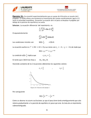 41
Ejercicio 10.- Se encontró experimentalmente que un cuerpo de 4 lb estira un resorte de 6
pulgadas. El medio ofrece una resistencia al movimiento del cuerpo numéricamente igual a 2.5
veces la velocidad instantánea. Encuentre la ecuación del si el peso se desplaza 4 pulgadas por
debajo de la posicion de equilibrio y se suelta.
Solucion. La ecuación diferencial del movimiento es:
4
32
d^2𝑥
𝑑𝑡2
=-8x-2.5
𝑑𝑥
𝑑𝑡
O equivalentemente
𝑑2 𝑥
𝑑𝑡2
+20
𝑑𝑥
𝑑𝑡
+64x=0
Las condiciones iniciales son X(0)=
1
3
, x´(0)=0.
La ecuación auxiliar es 𝑟2
+ 20𝑟 + 64 = 0 y sus raíces son 𝑟1 = −4, 𝑟2 = −16, de modo que
X(t)= 𝑐1 𝑒−4𝑡
+ 𝑐2 𝑒−16𝑡
La condición x(0)=
1
3
implica que 𝑐1+𝑐2 =
1
3
,
En tanto que x´(0)=0 nos lleva a -4𝑐1-16𝑐2=0.
Haciendo sumatoria de las 2 ecuaciones obtenemos los siguientes valores:
𝑐1 =
4
9
, 𝑐2=-
1
9
Por consiguiente
X(t)=
4
9
𝑒−4𝑡
−
1
9
𝑒−4𝑡
Como se observa no ocurre oscilaciones ya que el peso tiene tanto amortiguamiento que solo
retorna gradualmente a la posición de equilibrio sin pasar por esta. Se trata de un movimiento
sobreamortiguado.
 