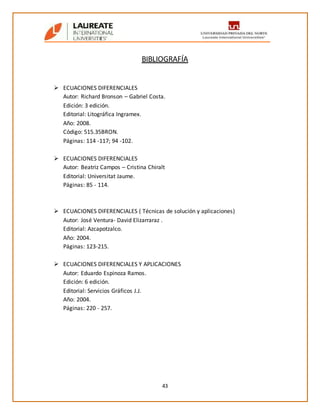 43
BIBLIOGRAFÍA
 ECUACIONES DIFERENCIALES
Autor: Richard Bronson – Gabriel Costa.
Edición: 3 edición.
Editorial: Litográfica Ingramex.
Año: 2008.
Código: 515.35BRON.
Páginas: 114 -117; 94 -102.
 ECUACIONES DIFERENCIALES
Autor: Beatriz Campos – Cristina Chiralt
Editorial: Universitat Jaume.
Páginas: 85 - 114.
 ECUACIONES DIFERENCIALES ( Técnicas de solución y aplicaciones)
Autor: José Ventura- David Elizarraraz .
Editorial: Azcapotzalco.
Año: 2004.
Páginas: 123-215.
 ECUACIONES DIFERENCIALES Y APLICACIONES
Autor: Eduardo Espinoza Ramos.
Edición: 6 edición.
Editorial: Servicios Gráficos J.J.
Año: 2004.
Páginas: 220 - 257.
 