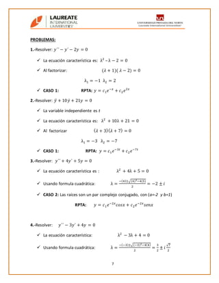 7
PROBLEMAS:
1.-Resolver: 𝑦´´ − 𝑦´ − 2𝑦 = 0
 La ecuación característica es: λ2
–λ − 2 = 0
 Al factorizar: (𝜆 + 1)( 𝜆 − 2) = 0
λ1 = −1 λ2 = 2
 CASO 1: RPTA: 𝑦 = 𝑐1 𝑒−𝑥
+ 𝑐2 𝑒2𝑥
2.-Resolver: 𝑦̈ + 10𝑦̇ + 21𝑦 = 0
 La variable independiente es t
 La ecuación característica es: λ2
+ 10λ + 21 = 0
 Al factorizar ( 𝜆 + 3)( 𝜆 + 7) = 0
λ1 = −3 λ2 = −7
 CASO 1: RPTA: 𝑦 = 𝑐1 𝑒−3𝑡
+ 𝑐2 𝑒−7𝑡
3.-Resolver: 𝑦´´ + 4𝑦´ + 5𝑦 = 0
 La ecuación característica es : λ2
+ 4λ + 5 = 0
 Usando formula cuadrática: λ =
−(4)±√(4)2−4(5)
2
= −2 ± 𝑖
 CASO 2: Las raíces son un par complejo conjugado, con (a=-2 y b=1)
RPTA: 𝑦 = 𝑐1 𝑒−2𝑥
𝑐𝑜𝑠𝑥 + 𝑐2 𝑒−2𝑥
𝑠𝑒𝑛𝑥
4.-Resolver: 𝑦´´ − 3𝑦´ + 4𝑦 = 0
 La ecuación característica: λ2
− 3λ + 4 = 0
 Usando formula cuadrática: λ =
−(−3)±√(−3)2−4(4)
2
=
3
2
± 𝑖
√7
2
 