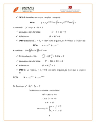 8
 CASO 2: Las raíces son un par complejo conjugado.
RPTA: 𝑦 = 𝑐1 𝑒(3 2)𝑋⁄
𝑐𝑜𝑠
√7
2
𝑥 + 𝑐2 𝑒(3 2)𝑋⁄
𝑠𝑒𝑛
√7
2
𝑥
5.-Resolver: 𝑦´´ − 8𝑦´ + 16𝑦 = 0
 La ecuación característica: λ2
− λ + 16 = 0
 Al factorizar: (λ − 4)2
= 0
 CASO 3: Las raíces λ1 = λ2 = 4 son reales e iguales, de modo que la solución es:
RPTA: 𝑦 = 𝑐1 𝑒4𝑥
+ 𝑐2 𝑥𝑒4𝑥
6.-Resolver: 100
𝑑2
𝑁
𝑑𝑡2 − 20
𝑑𝑁
𝑑𝑡
+ 𝑁 = 0
 Dividiendo entre 100:
𝑑2 𝑁
𝑑𝑡2 − 0.2
𝑑𝑁
𝑑𝑡
+ 0.01𝑁 = 0
 La ecuación característica: λ2
− 0.2λ + 0.01 = 0
 Al factorizar: (λ − 0.1)2
= 0
 CASO 3: Las raíces λ1 = λ2 = 0.1 son reales e iguales, de modo que la solución
es:
RPTA: 𝑁 = 𝑐1 𝑒−0.1𝑡
+ 𝑐2 𝑥𝑒−0.1𝑡
7.- Solucionar: y′′
+ 2y′
+ 5y = 0
Encontramos su ecuación característica:
m2
+ 2m + 5 = 0
( 𝑚 + 1)2 + 4 = 0
𝑚 + 1 = ±2𝑖
𝑚 = −1 ± 2𝑖 {
𝑚1 = −1 + 2𝑖
^
𝑚2 = −1 − 2𝑖
 