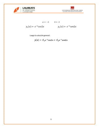 9
𝛼 = −1 𝑏 = 2
𝑦1( 𝑥) = 𝑒−𝑥
𝑐𝑜𝑠2𝑥 𝑦2 ( 𝑥) = 𝑒−𝑥
𝑠𝑒𝑛2𝑥
Luego la solución general:
𝒚( 𝒙) = 𝑪 𝟏 𝒆−𝒙
𝒄𝒐𝒔𝟐𝒙 + 𝑪 𝟐 𝒆−𝒙
𝒔𝒆𝒏𝟐𝒙
 