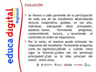 EVALUACIÒN


 Se llevara a cabo partiendo de la participación
  de cada uno de los estudiantes  desarrollando
  lecturas cooperativa, guiadas, en voz alta,
  individual,   subrayando     ideas  principales,
  palabras  claves,     formulando     preguntas,
  comprendiendo lectura, y  resumiendo el
  contenido en orden de importancia.
 Por lo tanto, el maestro puede estimular las
  respuestas del estudiante  formulando preguntas
  como  las  siguientes:¿Dónde y cuándo tiene
  lugar la historia?,¿cuáles son los personaje
  principales?,¿Cuál es la idea principal del
  texto? , entre otras.
 