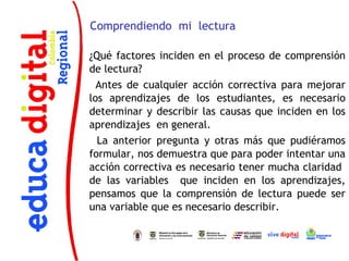 Comprendiendo mi lectura

¿Qué factores inciden en el proceso de comprensión
de lectura?
  Antes de cualquier acción correctiva para mejorar
los aprendizajes de los estudiantes, es necesario
determinar y describir las causas que inciden en los
aprendizajes en general.
  La anterior pregunta y otras más que pudiéramos
formular, nos demuestra que para poder intentar una
acción correctiva es necesario tener mucha claridad
de las variables que inciden en los aprendizajes,
pensamos que la comprensión de lectura puede ser
una variable que es necesario describir.
 