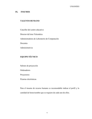 UNIANDES


IX.   INSUMOS



      TALENTO HUMANO



      Canciller del centro educativo

      Director del área Telemática

      Administradores de Laboratorio de Computación

      Docentes

      Administrativos



      EQUIPO TÉCNICO



      Salones de proyección

      Ordenadores

      Proyectores

      Pizarras electrónicas



      Para el insumo de recurso humano es recomendable indicar el perfil y la

      cantidad de horas/nombre que se requiere de cada uno de ellos.




                                       9
 