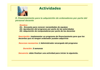 Actividades

D. Financiamiento para la adquisición de ordenadores por parte del
personal docente

   Nombre:
   D1. Encuesta para conocer necesidades de equipos
   D2. Aprobación del programa por parte de las autoridades
   D3. Adquisición de computadores por parte de los docentes


  Descripción: implementar un programa de financiamiento para que los
  docentes que no tengan ordenador puedan adquirirlo

   Recursos necesarios: 1 Administrador encargado del programa


       Duración: 3 semanas

  Secuencia: debe finalizar una actividad para iniciar la siguiente.
 