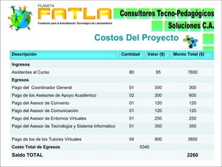 Costos Del Proyecto
Descripción                                                Cantidad      Valor ($)   Monto Total ($)

Ingresos
Asistentes al Curso                                             80             95              7600
Egresos

Pago del Coordinador General                                    01            300               300

Pago de los Asesores de Apoyo Académico                         02            300               600

Pago del Asesor de Convenio                                     01            120               120

Pago del Asesor de Comunicación                                 01            120               120

Pago del Asesor de Entornos Virtuales                           01            250               250

Pago del Asesor de Tecnología y Sistema Informático             01            350               350


Pago de los de los Tutores Virtuales                            04            900              3600

Costo Total de Egresos                                                5340

Saldo TOTAL                                                                                    2260
 
