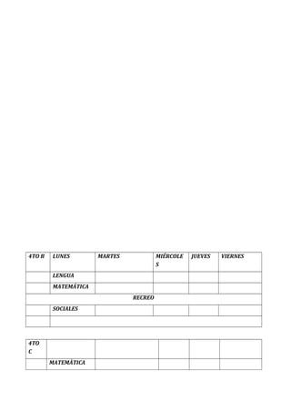 4TO B LUNES MARTES MIÉRCOLE
S
JUEVES VIERNES
LENGUA
MATEMÁTICA
RECREO
SOCIALES
4TO
C
MATEMÀTICA
 