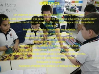 OBJETIVOS
                                     
           Los objetivos que se pretenden alcanzar con este proyecto son:
Llevar a este nivel material que apoye y mejore el proceso educativo, recuperando y
      generando conocimientos y experiencias de aprendizaje entre comunidades
                                         distantes.
                    Propiciar actividades de nociones matemáticas.
                      Conocer los animales propios de la región.
                     Fomentar el amor y cuidado de los animales.
                             Observar diferentes animales.
                 Desarrollar la creatividad e imaginación en los niños.
               Desarrollar la sensibilidad de los niños a través del arte.
          Despertar el sentido de colaboración e investigación de los niños.
                     Propiciar el uso de la tecnología en los niños
                                 Enriquecer el lenguaje.
                Favorecer el hábito de la lectura y el trabajo en equipo
 