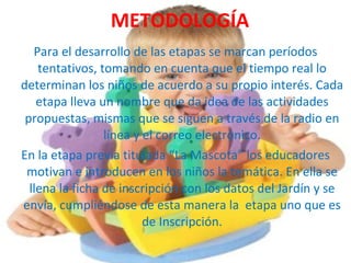 METODOLOGÍA
   Para el desarrollo de las etapas se marcan períodos
    tentativos, tomando en cuenta que el tiempo real lo
determinan los niños de acuerdo a su propio interés. Cada
    etapa lleva un nombre que da idea de las actividades
 propuestas, mismas que se siguen a través de la radio en
                 línea y el correo electrónico.
En la etapa previa titulada “La Mascota” los educadores
 motivan e introducen en los niños la temática. En ella se
  llena la ficha de inscripción con los datos del Jardín y se
envía, cumpliéndose de esta manera la etapa uno que es
                         de Inscripción.
 