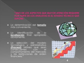 

La determinación del tamaño
más conveniente,



La
identificación
de
la
localización final apropiada
obviamente,



La selección del modelo
tecnológico y administrativo
(Proceso) idóneo que sean
consecuentes
con
el
comportamiento del mercado
y las restricciones de orden
financiero.”

4

 